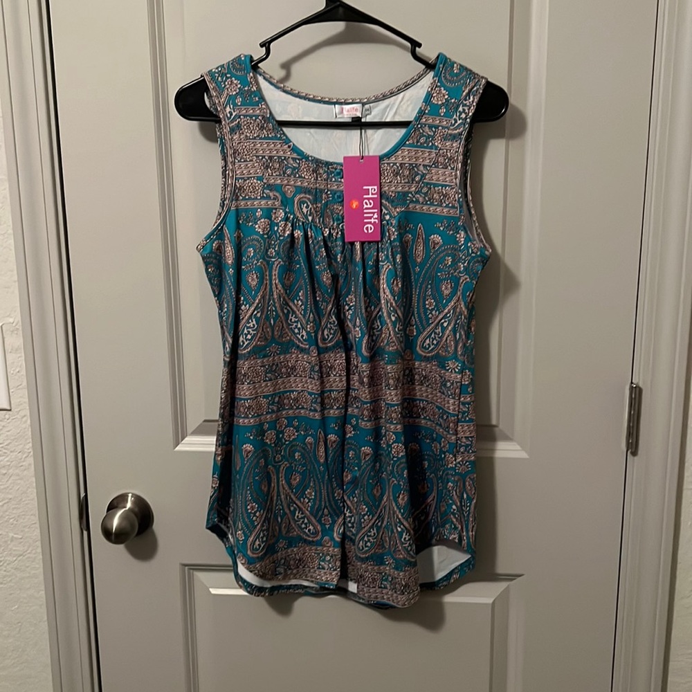 Teal and cream paisley tank top